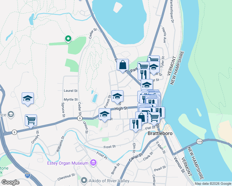 map of restaurants, bars, coffee shops, grocery stores, and more near 8 Howard Street in Brattleboro