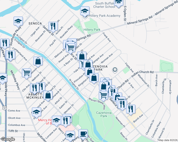 map of restaurants, bars, coffee shops, grocery stores, and more near 6 Norman Avenue in Buffalo