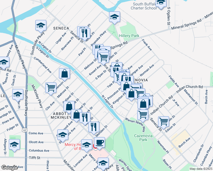 map of restaurants, bars, coffee shops, grocery stores, and more near 26 Yale Place in Buffalo