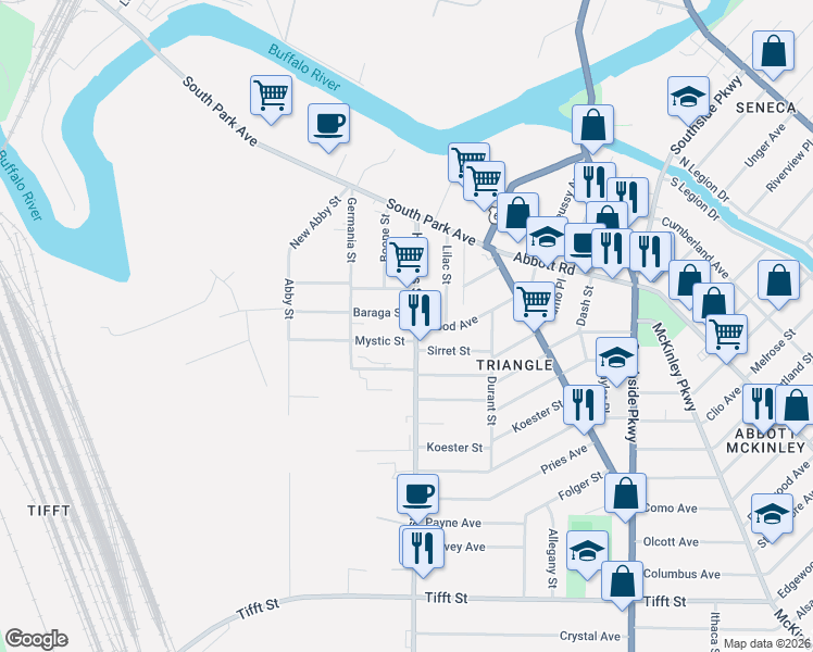 map of restaurants, bars, coffee shops, grocery stores, and more near 640 Hopkins Street in Buffalo