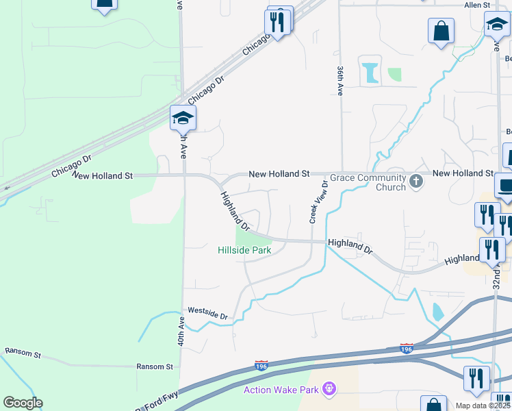 map of restaurants, bars, coffee shops, grocery stores, and more near 3801 Highland Drive in Hudsonville