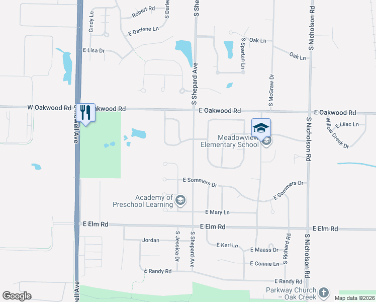 map of restaurants, bars, coffee shops, grocery stores, and more near 641 East Bridlewood Lane in Oak Creek