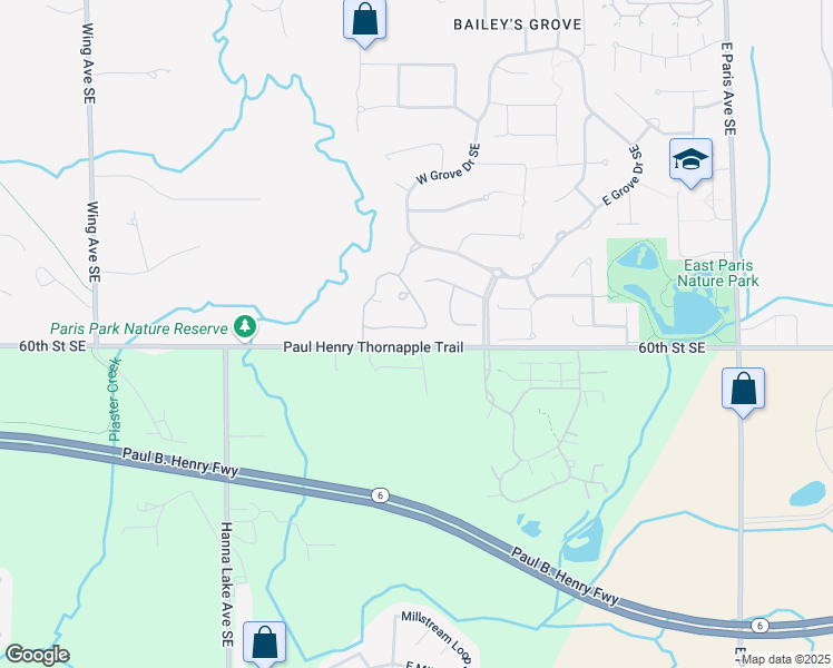 map of restaurants, bars, coffee shops, grocery stores, and more near 3465 South Lyn Haven Drive Southeast in Kentwood
