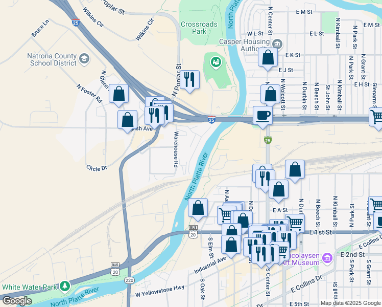 map of restaurants, bars, coffee shops, grocery stores, and more near 490 Westshore Road in Casper