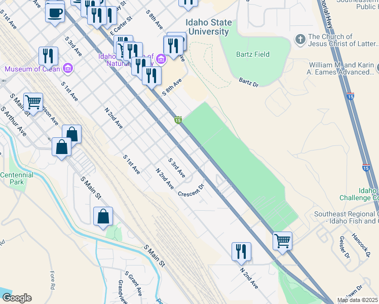 map of restaurants, bars, coffee shops, grocery stores, and more near 1552 South 4th Avenue in Pocatello