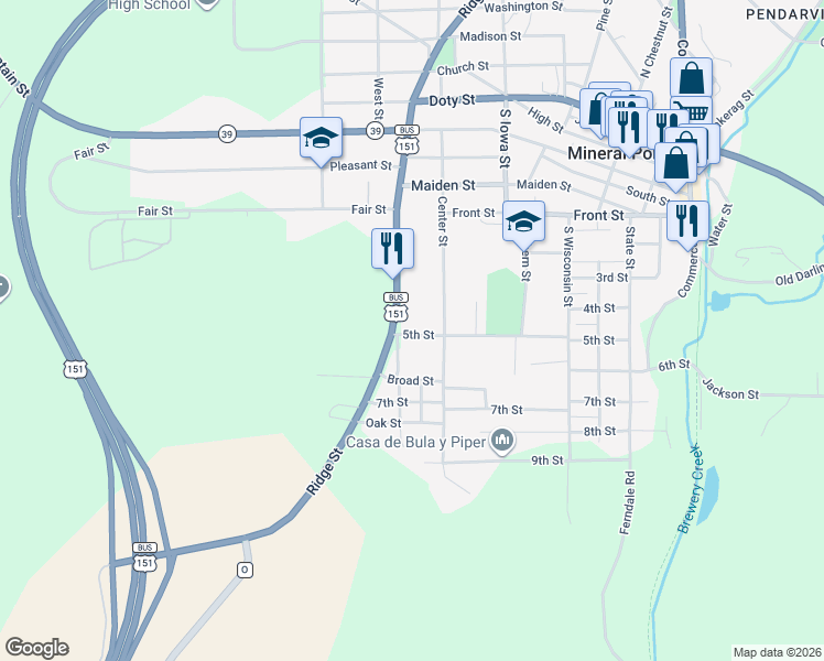 map of restaurants, bars, coffee shops, grocery stores, and more near 831 Center Street in Mineral Point