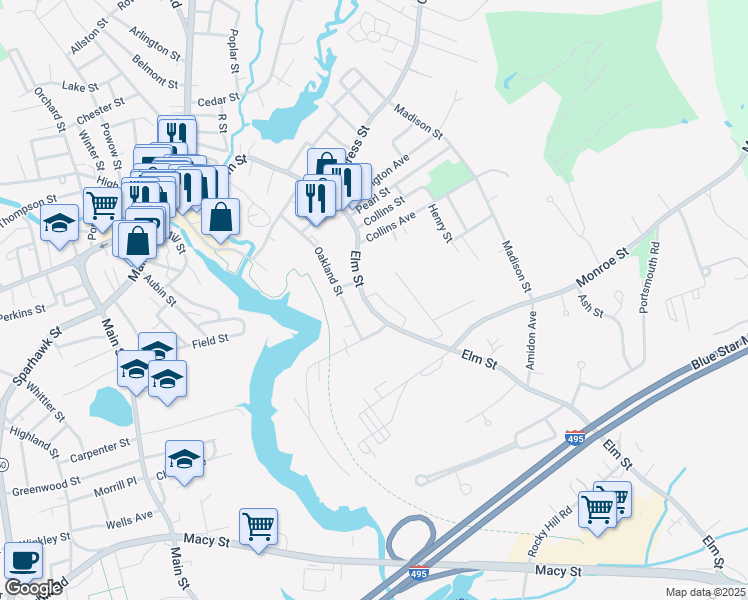 map of restaurants, bars, coffee shops, grocery stores, and more near 173 Elm Street in Amesbury