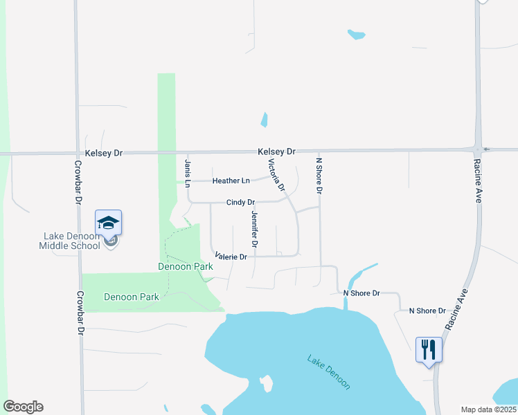 map of restaurants, bars, coffee shops, grocery stores, and more near S104W20699 Cindy Drive in Muskego