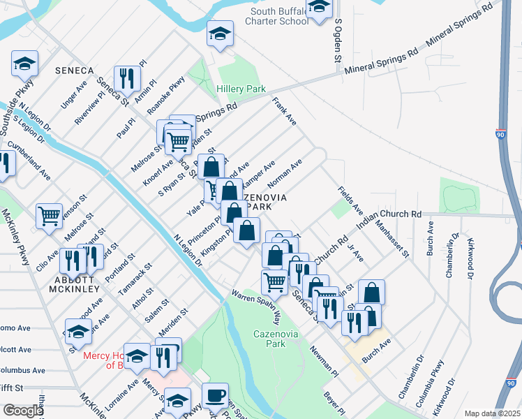 map of restaurants, bars, coffee shops, grocery stores, and more near 42 Zittel Street in Buffalo