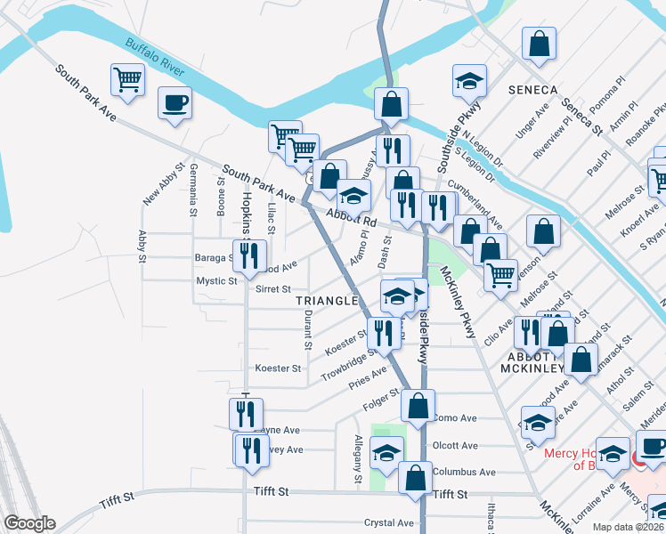 map of restaurants, bars, coffee shops, grocery stores, and more near 1585 South Park Avenue in Buffalo