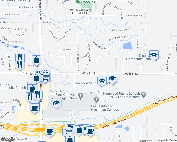 map of restaurants, bars, coffee shops, grocery stores, and more near 1947 60th Street Southeast in Kentwood