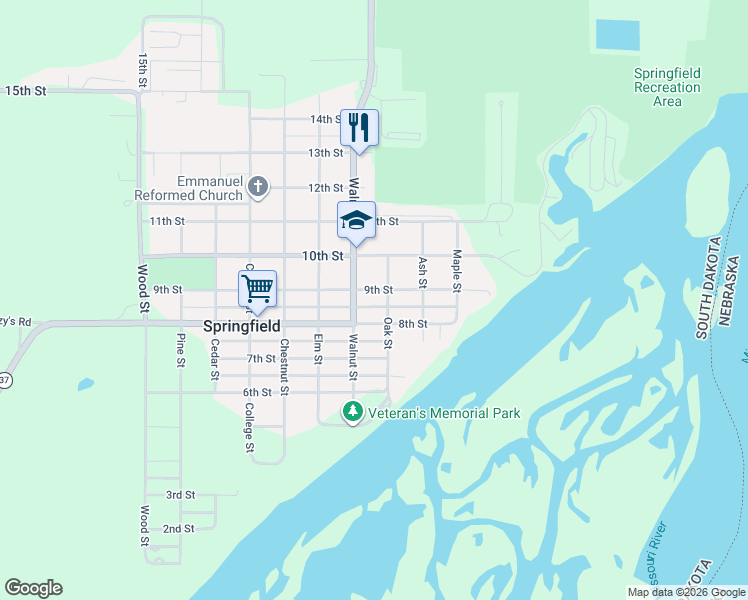 map of restaurants, bars, coffee shops, grocery stores, and more near 501-599 9th Street in Springfield