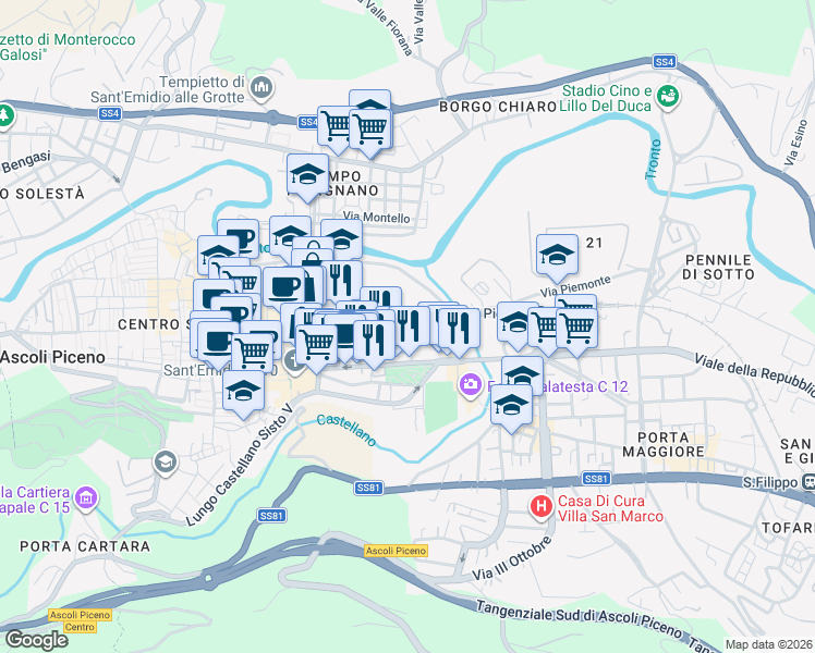 map of restaurants, bars, coffee shops, grocery stores, and more near 2 Via Pietro Alamanni in Ascoli Piceno