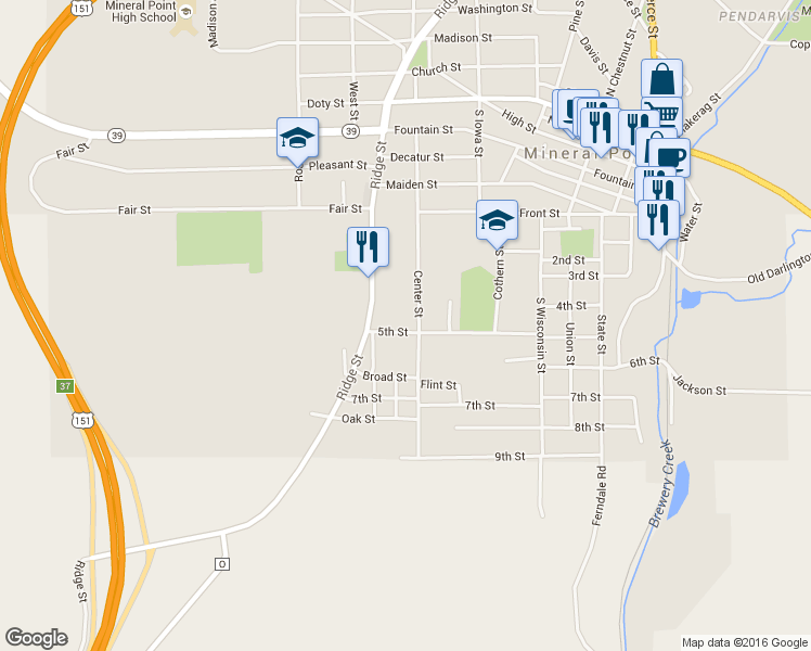 map of restaurants, bars, coffee shops, grocery stores, and more near 831 Center Street in Mineral Point