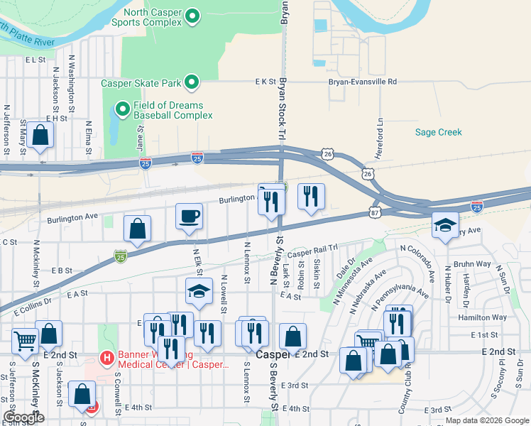 map of restaurants, bars, coffee shops, grocery stores, and more near 512 North Fairdale Street in Casper