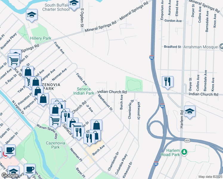 map of restaurants, bars, coffee shops, grocery stores, and more near 218 Indian Church Road in West Seneca