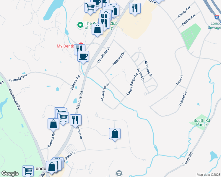 map of restaurants, bars, coffee shops, grocery stores, and more near 70E Constitution Drive in Londonderry