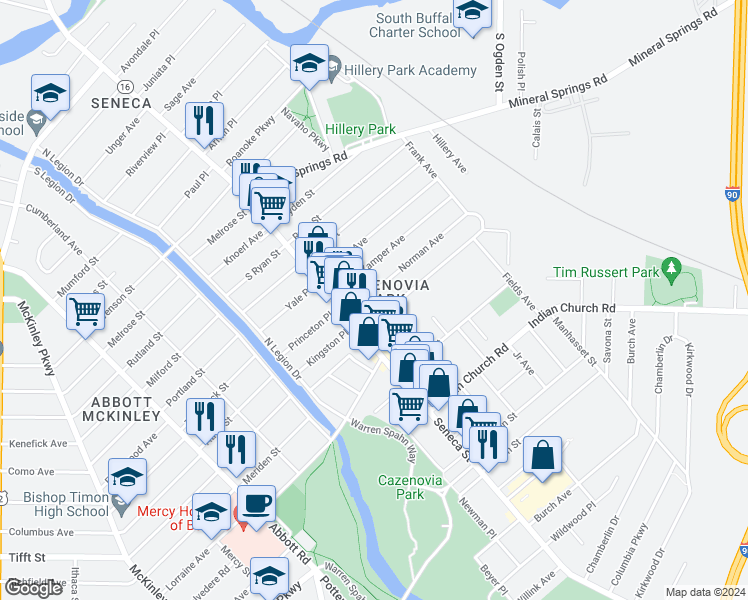 map of restaurants, bars, coffee shops, grocery stores, and more near 42 Zittel Street in Buffalo