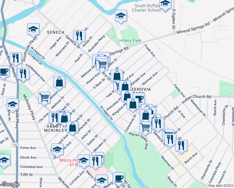 map of restaurants, bars, coffee shops, grocery stores, and more near 2085 Seneca Street in Buffalo