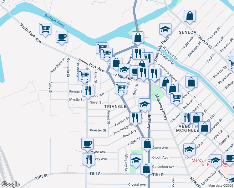 map of restaurants, bars, coffee shops, grocery stores, and more near 1585 South Park Avenue in Buffalo