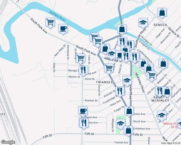 map of restaurants, bars, coffee shops, grocery stores, and more near 5 Lilac Street in Buffalo