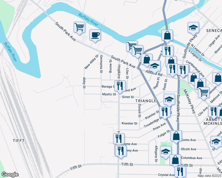 map of restaurants, bars, coffee shops, grocery stores, and more near 329 Baraga Street in Buffalo