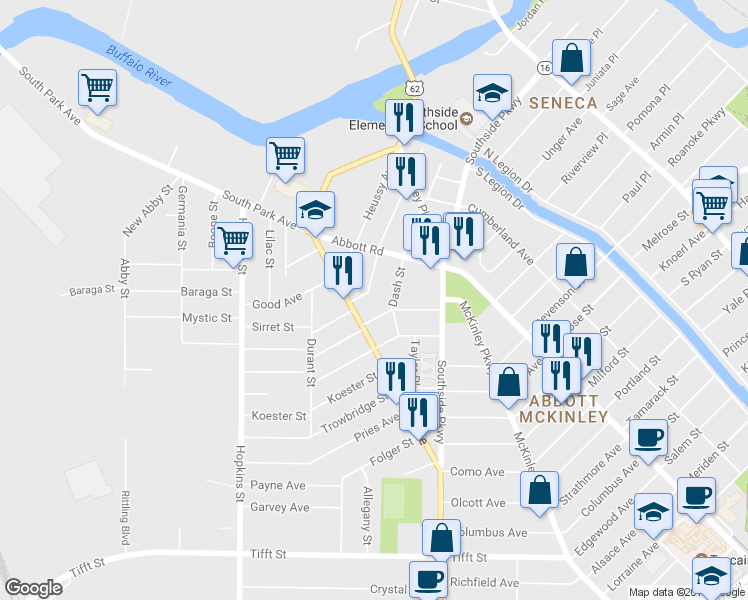 map of restaurants, bars, coffee shops, grocery stores, and more near 21 Alamo Place in Buffalo