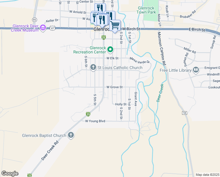 map of restaurants, bars, coffee shops, grocery stores, and more near 307-399 West Grove Street in Glenrock