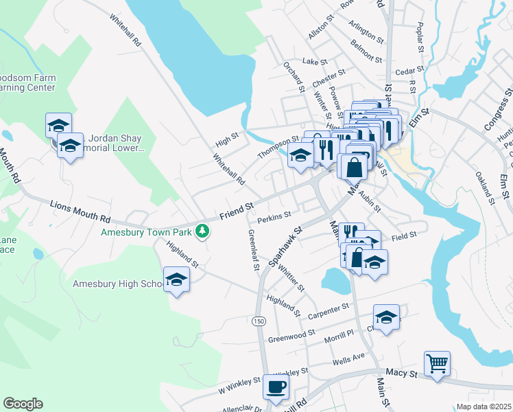 map of restaurants, bars, coffee shops, grocery stores, and more near 112 Greenleaf Street in Amesbury