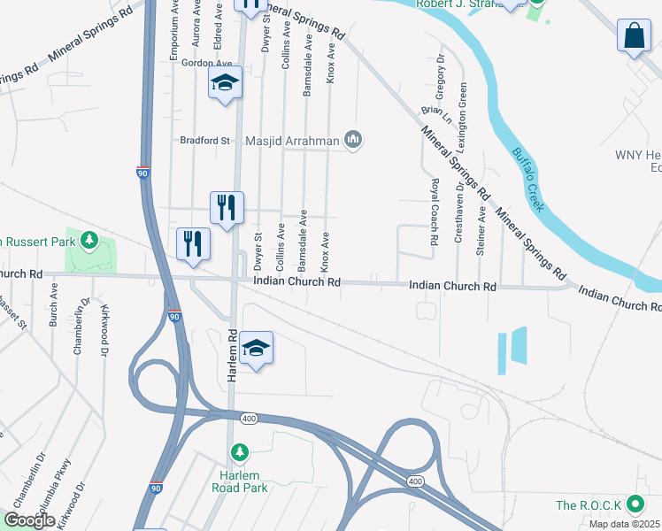 map of restaurants, bars, coffee shops, grocery stores, and more near 17 Knox Avenue in West Seneca