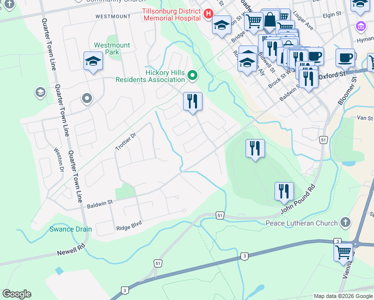 map of restaurants, bars, coffee shops, grocery stores, and more near 26 Seres Drive in Tillsonburg