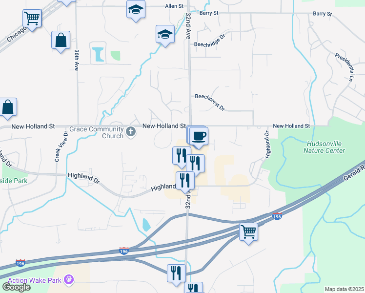 map of restaurants, bars, coffee shops, grocery stores, and more near 4675 32nd Avenue in Hudsonville