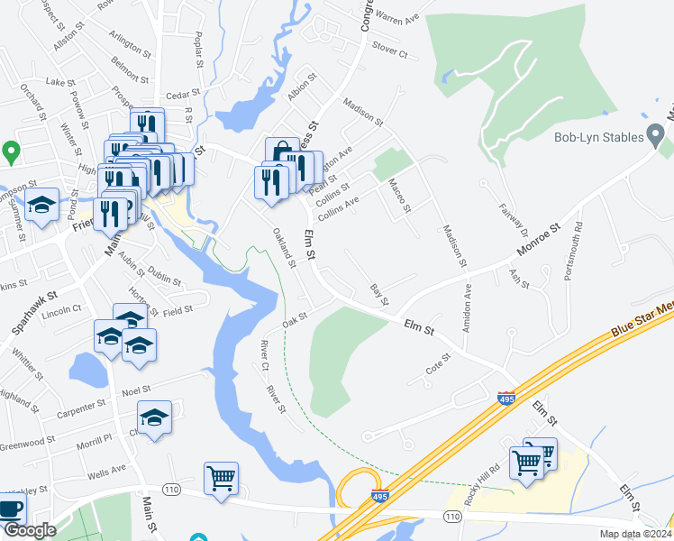 map of restaurants, bars, coffee shops, grocery stores, and more near 11 Atlantic Avenue in Amesbury