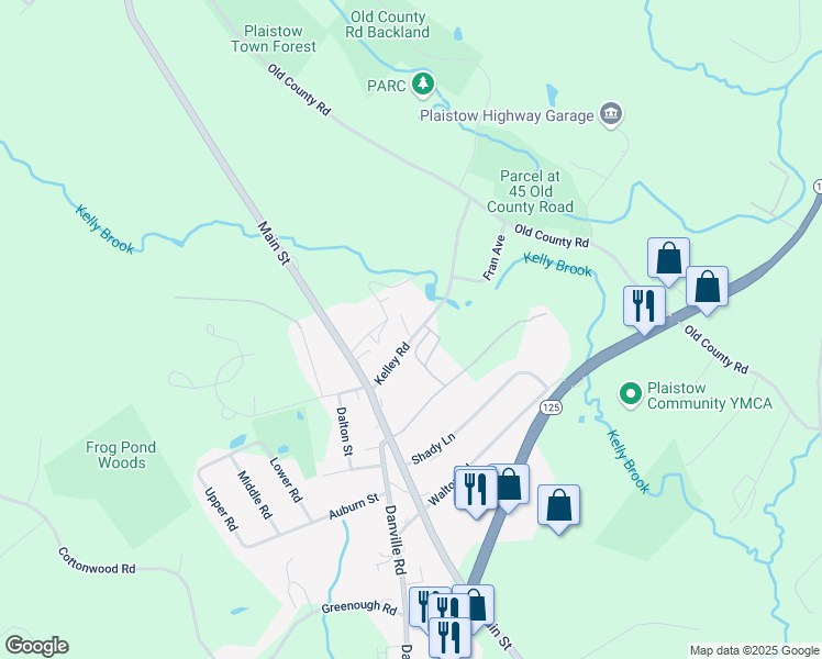 map of restaurants, bars, coffee shops, grocery stores, and more near 12 Kelley Road in Plaistow