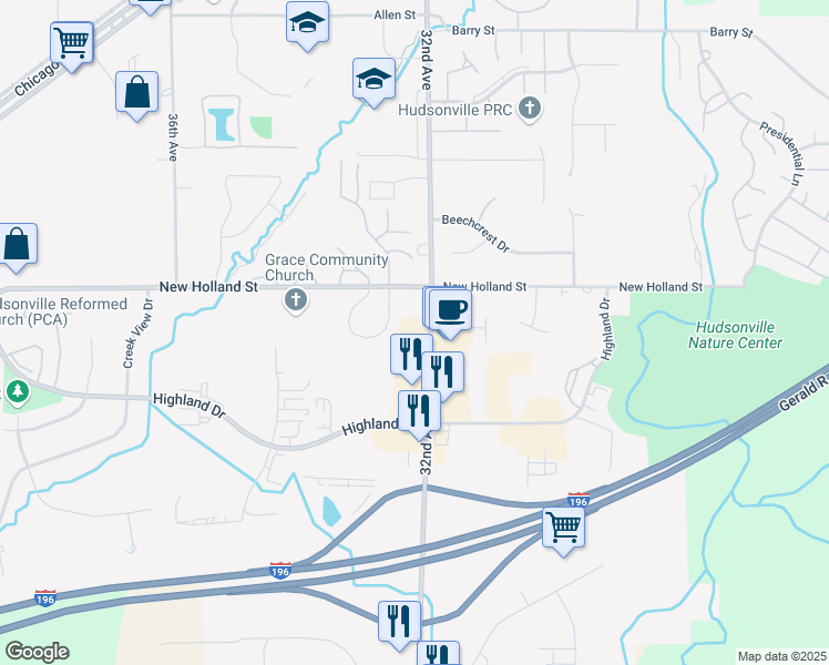 map of restaurants, bars, coffee shops, grocery stores, and more near 4675 32nd Avenue in Hudsonville
