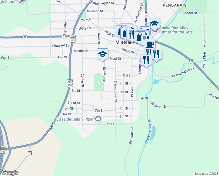 map of restaurants, bars, coffee shops, grocery stores, and more near 321 5th Street in Mineral Point