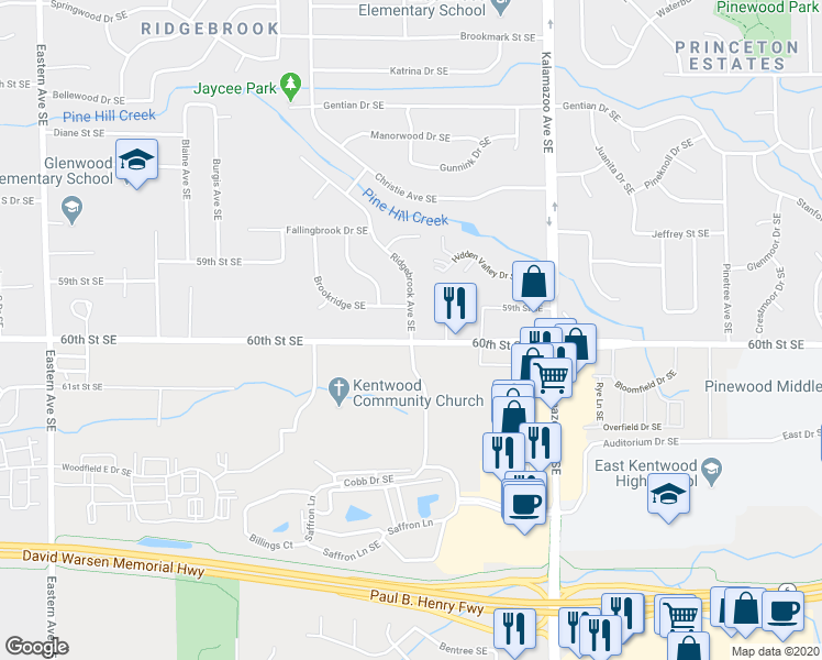 map of restaurants, bars, coffee shops, grocery stores, and more near 5986 Ridgebrook Avenue Southeast in Kentwood
