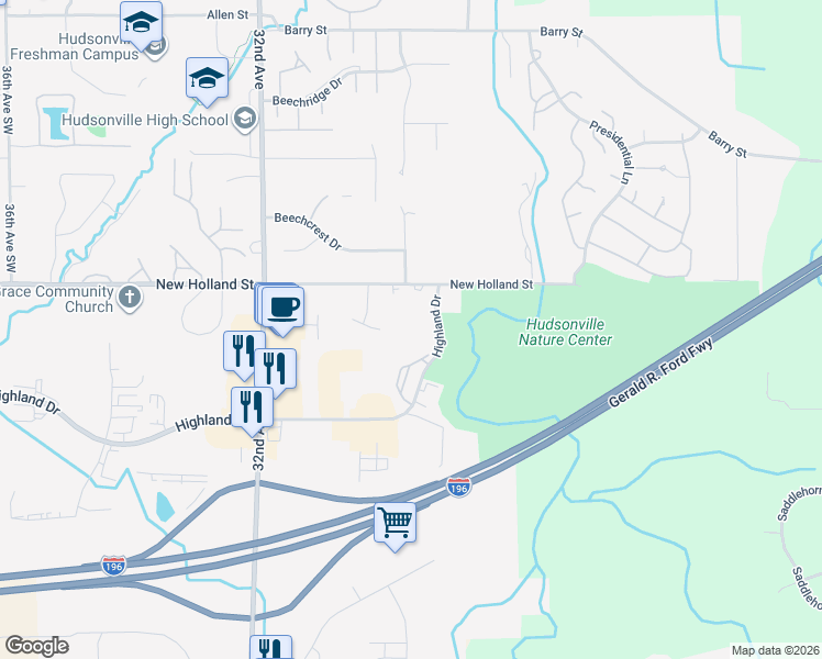 map of restaurants, bars, coffee shops, grocery stores, and more near 2982 Summercrest Lane in Hudsonville