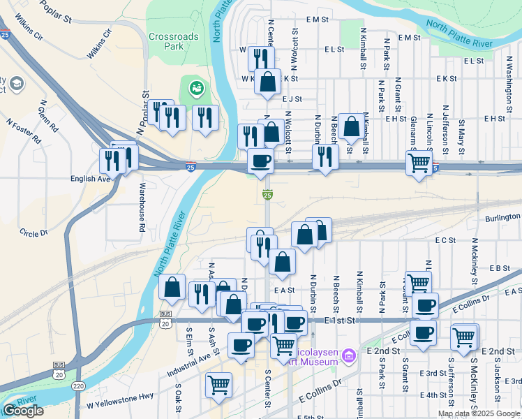 map of restaurants, bars, coffee shops, grocery stores, and more near 500 North Center Street in Casper