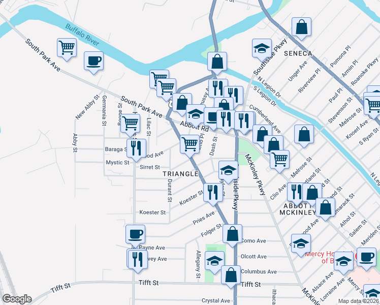 map of restaurants, bars, coffee shops, grocery stores, and more near 1586 South Park Avenue in Buffalo