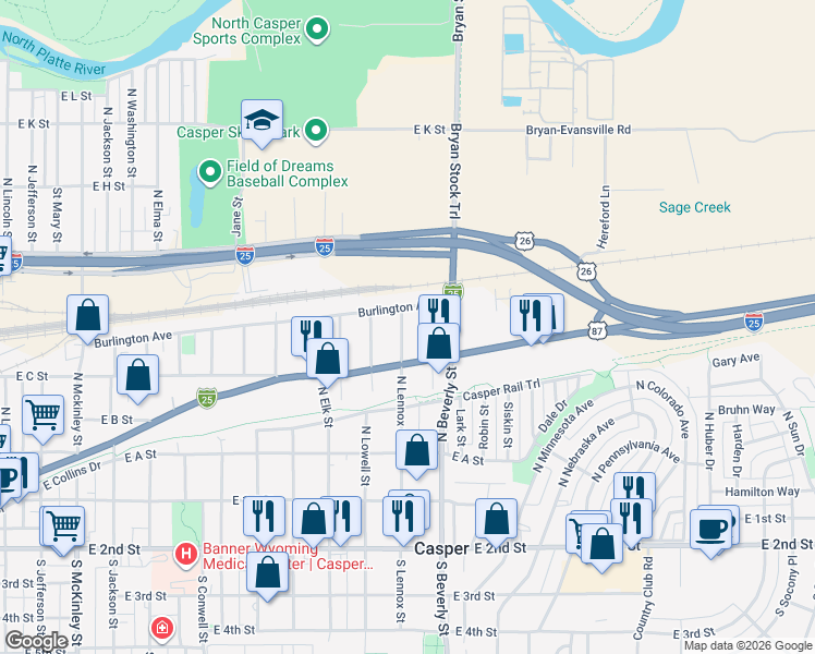 map of restaurants, bars, coffee shops, grocery stores, and more near 512 North Fairdale Street in Casper