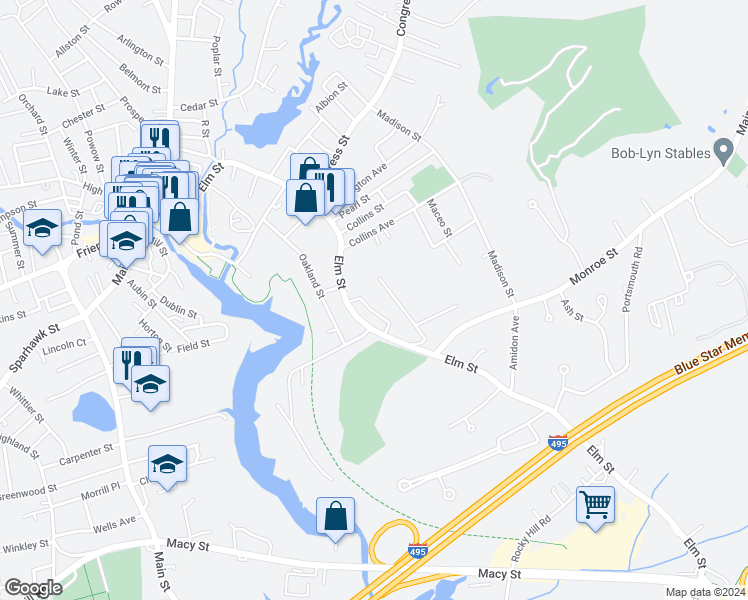 map of restaurants, bars, coffee shops, grocery stores, and more near 16 Bay Street in Amesbury