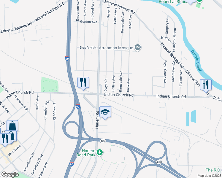 map of restaurants, bars, coffee shops, grocery stores, and more near 18 Collins Avenue in Buffalo