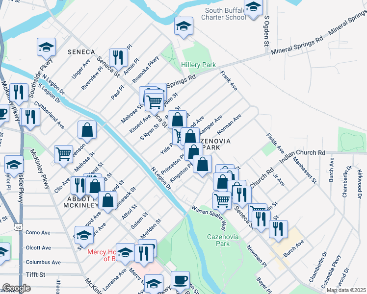 map of restaurants, bars, coffee shops, grocery stores, and more near 2085 Seneca Street in Buffalo