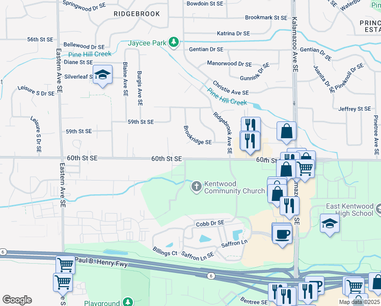 map of restaurants, bars, coffee shops, grocery stores, and more near 1255 60th Street Southeast in Kentwood