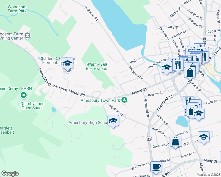 map of restaurants, bars, coffee shops, grocery stores, and more near 4 Carriage Hill Road in Amesbury