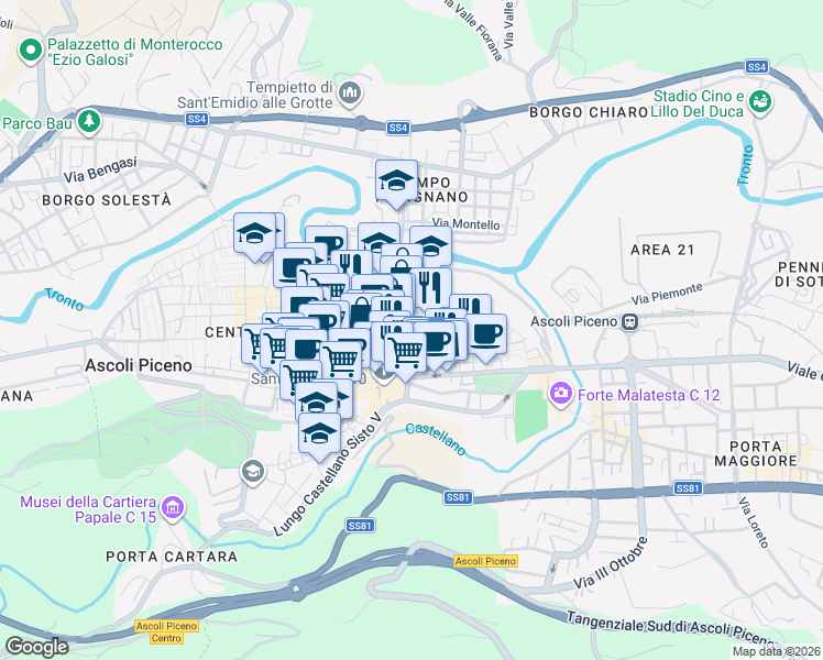 map of restaurants, bars, coffee shops, grocery stores, and more near 257 Corso Giuseppe Mazzini in Ascoli Piceno