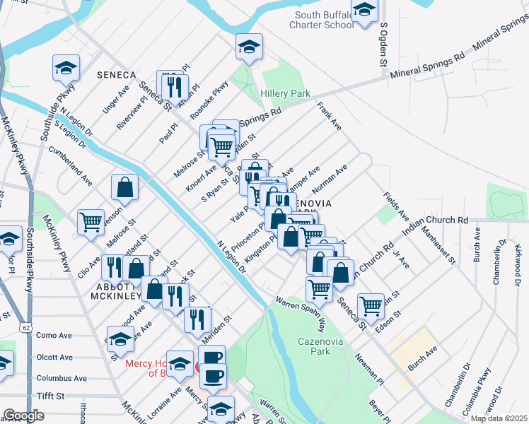 map of restaurants, bars, coffee shops, grocery stores, and more near Seneca Street & Kamper Avenue in Buffalo