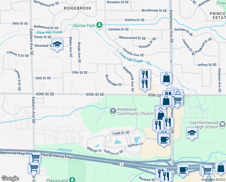 map of restaurants, bars, coffee shops, grocery stores, and more near 1255 60th Street Southeast in Kentwood