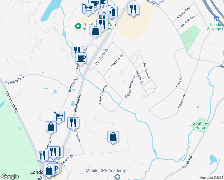 map of restaurants, bars, coffee shops, grocery stores, and more near 70E Constitution Drive in Londonderry